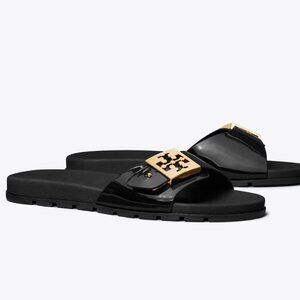 Tory Burch Mellow Perfect Black Gold Buckle Slide Size: 8M